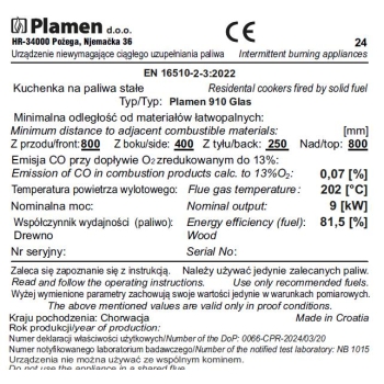 Kuchnia węglowa PLAMEN 910 GLAS N z piekarnikiem